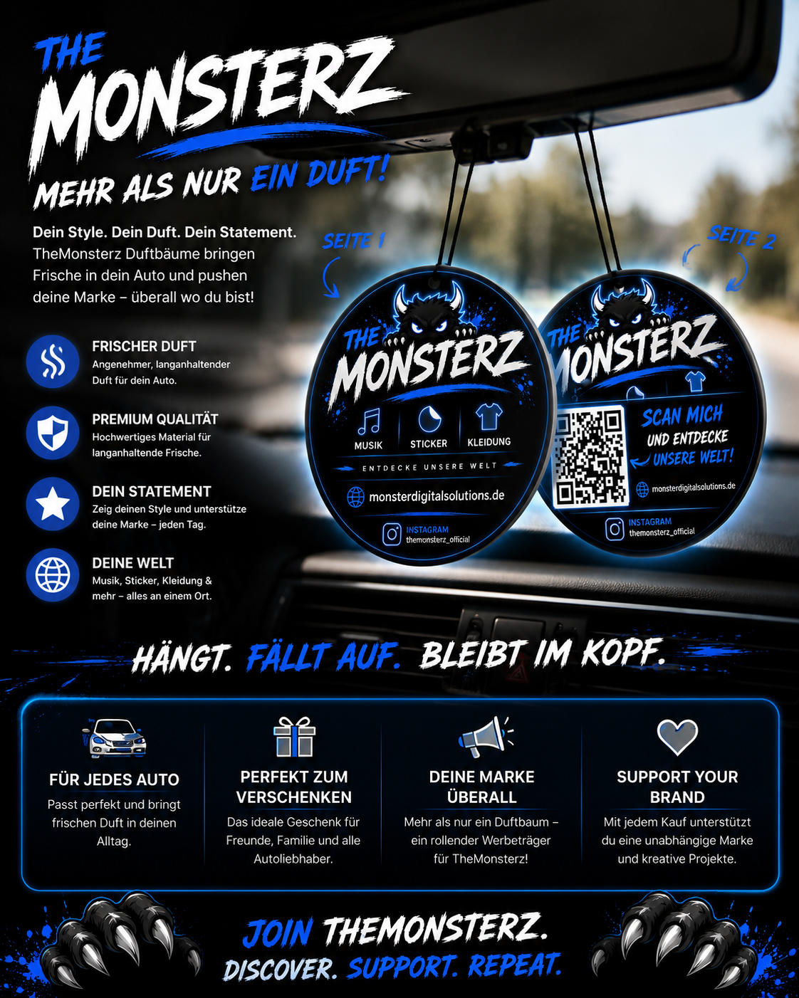 TheMonsterz Premium Duftbaum – Glatteis | Auto-Lufterfrischer mit TheMonsterz Design